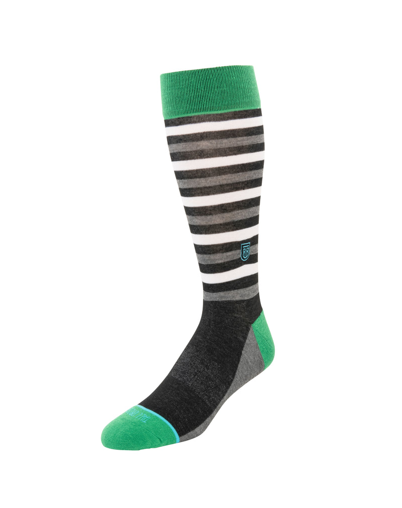 The Stripes - Extra Cushioned - Black, White, Grey, & Green Stripes Dress Socks